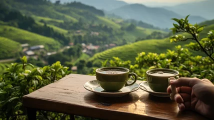 Fototapeten Hand holding a cup of hot tea and natural view of mountain landscape © MBRAMO
