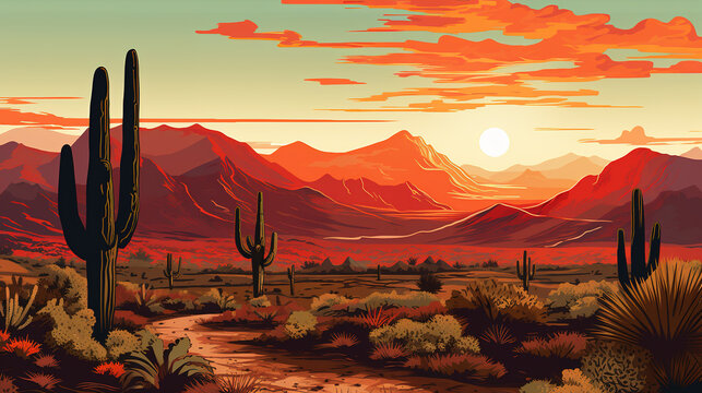 Scenic view of saguaro National Park during sunrise in landscape comic style. Giant cactus. Digital illustration generative AI.