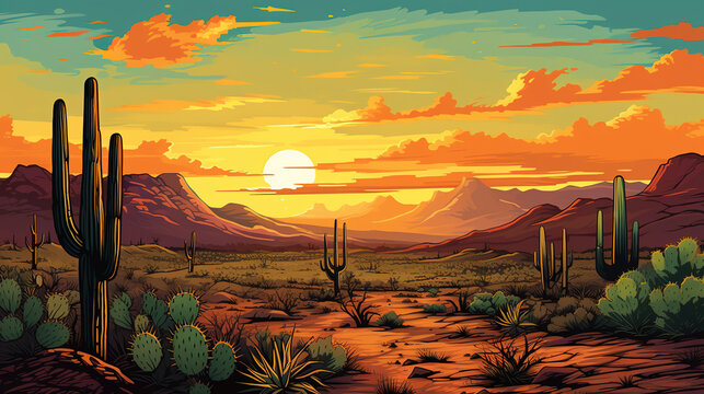 Scenic view of saguaro National Park during sunrise in landscape comic style. Giant cactus. Digital illustration generative AI.