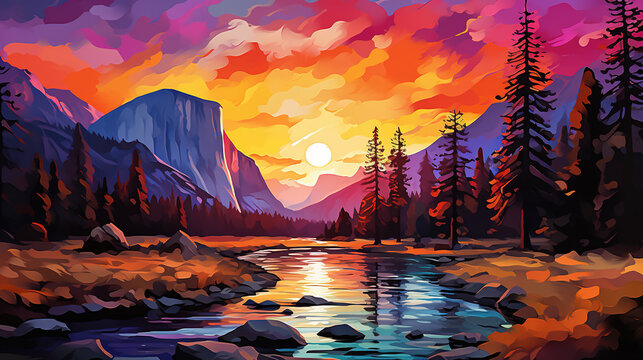 Abstract mixed grunge colors landscape of yosemite national park during sunrise background painting. Digital illustration generative AI.