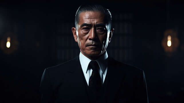 Cool serious looking old asian man wearing suit, tie and  isolated on dark background. Businessman, boss, mafia, bodyguard. Digital illustration generative AI.