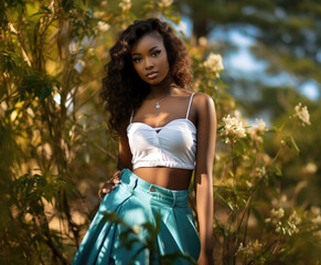 A beautiful young dark-skinned woman with velvety skin, dressed in a white top and turquoise skirt, poses gracefully against a blurred nature background.