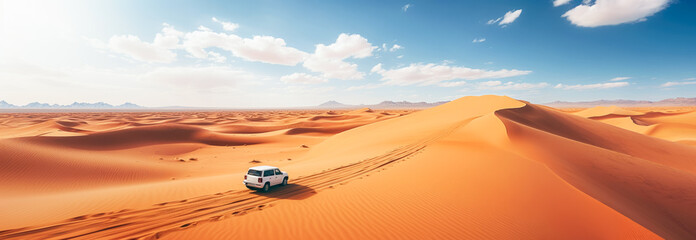 Fototapeta premium White 4wd vehicle driving over orange dunes in desert, aerial view. Generative AI