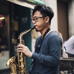 Obraz premium Chinese street musician wearing eyeglasses plays the saxaphone musical instrument