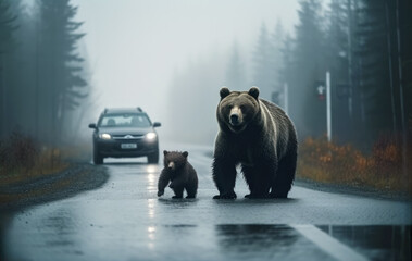 Bear and small cub crossing the road on overcast foggy day. Driving carefully concept. Generative AI