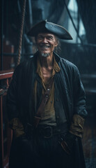 Medieval pirate in a cap and cloak on a ship in the rain