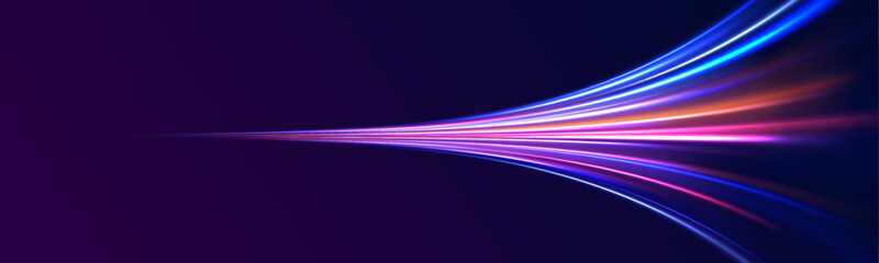 Red blue motion police line, horizontal light rays panoramic high speed technology concept, light abstract background. Light arc in neon colors, in the form of a turn and a zigzag.  