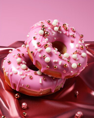Photorealistic image of a delicious donut with pink glossy on satin fabric