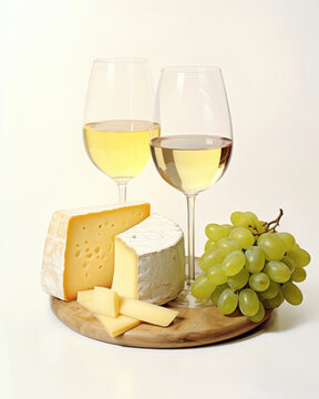 Photorealistic image of two glasses with white wine and snacks on a white background
