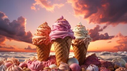 Pastel colored ice cream cones melt into the sea on a summer evening - obrazy, fototapety, plakaty