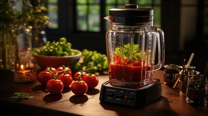 hand pouring healthy tomato smoothie from blender jar into glass on wooden table