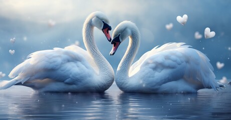 Two swans are making a heart shaped pattern in the water, Romantic love