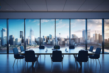 Fototapeta premium Modern office meeting room interior with glass windows. Created with Generative AI