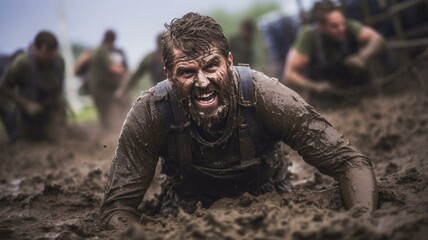 Man in mud obstacle course - obrazy, fototapety, plakaty