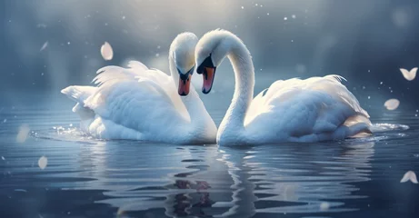 Poster Two swans are making a heart shaped pattern in the water, Romantic love © Diatomic