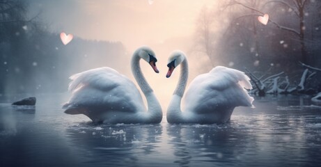 Two swans are making a heart shaped pattern in the water, Romantic love - obrazy, fototapety, plakaty