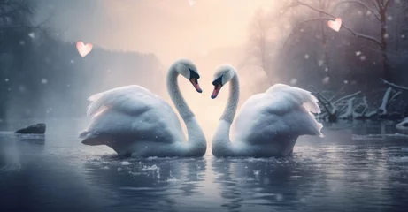 Keuken spatwand met foto Two swans are making a heart shaped pattern in the water, Romantic love © Diatomic