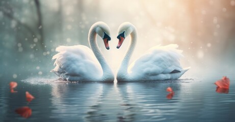 Two swans are making a heart shaped pattern in the water, Romantic love - Powered by Adobe