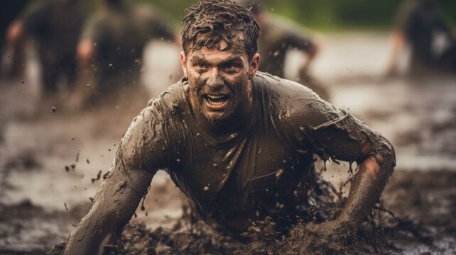 man in mud obstacle course - Powered by Adobe
