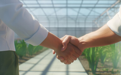 Close up of handshake of two men in white shirts in a glass greenhouse