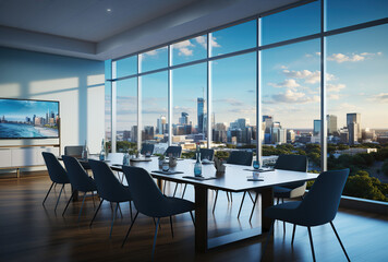 Fototapeta na wymiar Modern office meeting room interior with glass windows. Created with Generative AI