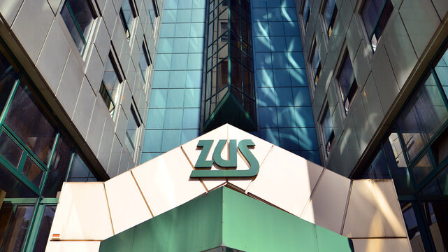 Szczecin, Poland. 7 September 2023.  ZUS Office building on a background closeup. ZUS sign.