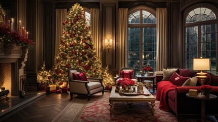 Obraz premium an inviting scene of a cozy living room with a beautifully lit Christmas tree as the centerpiece.