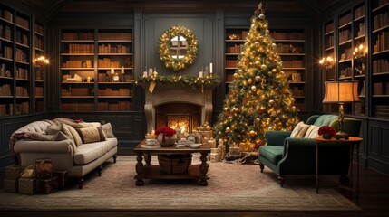 Fototapeta na wymiar an inviting scene of a cozy living room with a beautifully lit Christmas tree as the centerpiece.