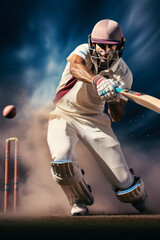 Cricket player hitting the ball at sunset