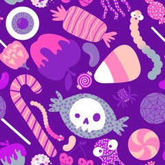 Cartoon Halloween candy seamless lollipop and sugar cherry and worms and skulls pattern for wrapping paper