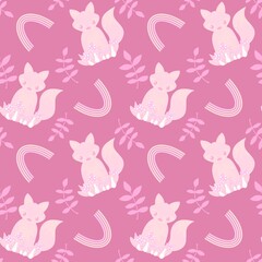 Autumn cartoon animals seamless fox and mushrooms fly agaric pattern for wrapping paper and fabrics and kids