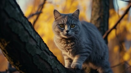 Obraz premium Portrait of a gray cat on a tree in the autumn forest