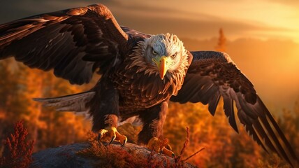 Fototapeta premium Golden Eagle in the desert at sunset. Wildlife scene from nature.
