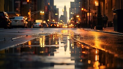 big city street, reflection in water of puddle on asphalt, sunset urban view of New York,...