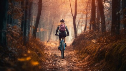 Fototapeta premium Young woman riding a bicycle at sunset in the meadow Sport and active life concept
