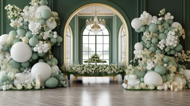 3d render of interior room decorated with white and green flowers