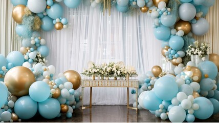 Fototapeta na wymiar Wedding decorated with blue and gold balloons cake and candles