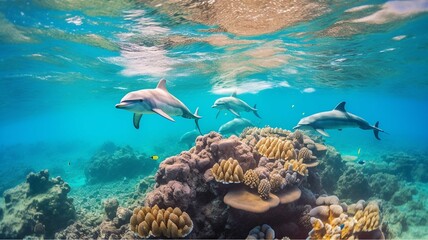 Dolphins swimming over coral reef in the Red Sea. Toned image