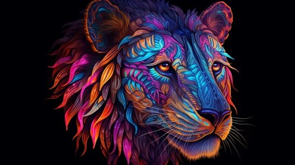 Colorful lion head on black background. Handdrawn illustration