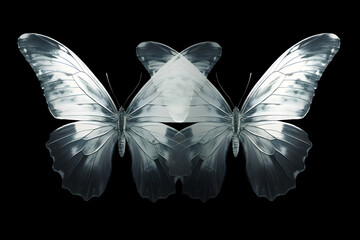 Macro photography of two butterflies with big wings, black and white colors concept, x-ray style....