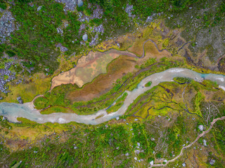 Aerial View of River in Vibrant Green Meadows in the Canadian Mountain Landscape.