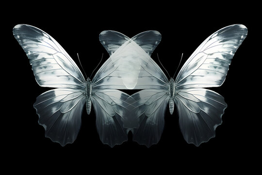Fototapeta Macro photography of two butterflies with big wings, black and white colors concept, x-ray style. Creative image for printing.