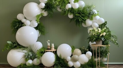 Interior design of a green room decorated with white balloons and flowers