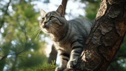 Fototapeta premium Beautiful gray cat sitting on a tree branch in the autumn forest