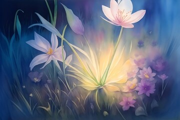 Fototapeta na wymiar Fairy tale cute closeup flowers. Watercolor style. AI generated illustaration