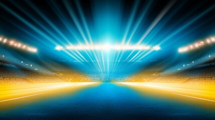 3D rendering of a bright illuminated football stadium with blue and yellow lights