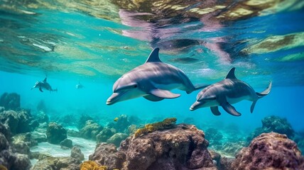 Fototapeta premium Dolphins swimming over coral reef in the Red Sea. Toned image