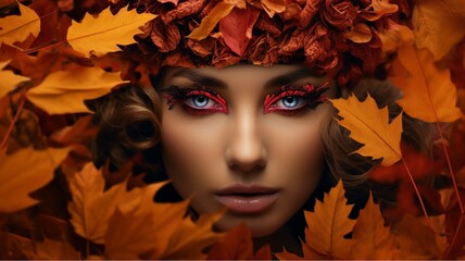 Fototapeta premium Beautiful woman with autumn make-up and wreath of leaves