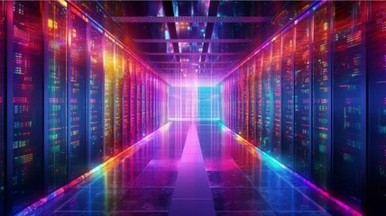 Futuristic server room with glowing lights and lightning. 3D rendering
