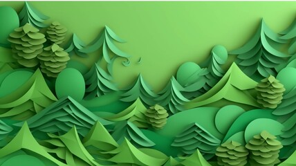 Paper cut of trees and birds in the forest. Paper art and craft style